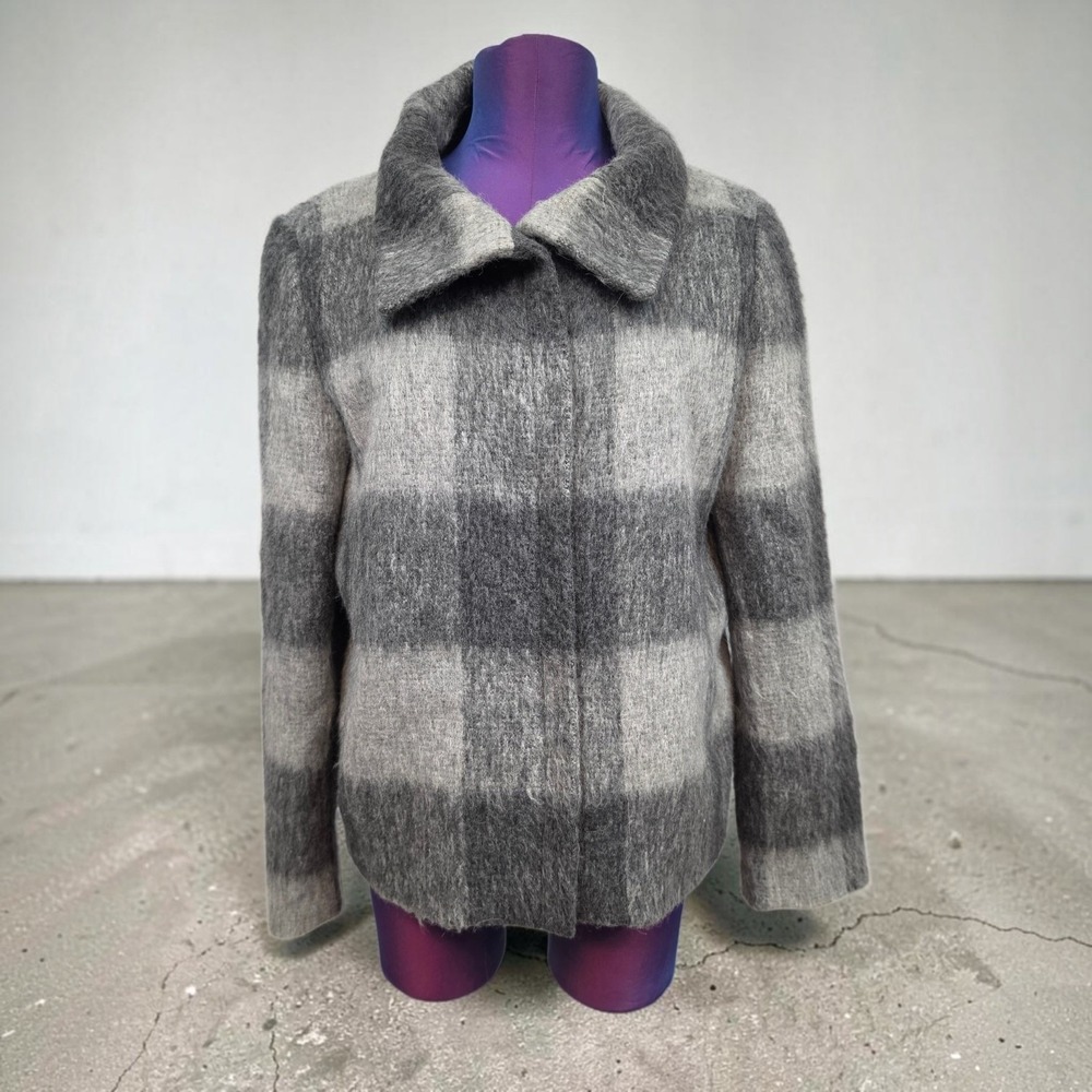 Talbots Womens Grey Plaid Wool Alpaca Blend Zip Front Jacket Coat Size 12